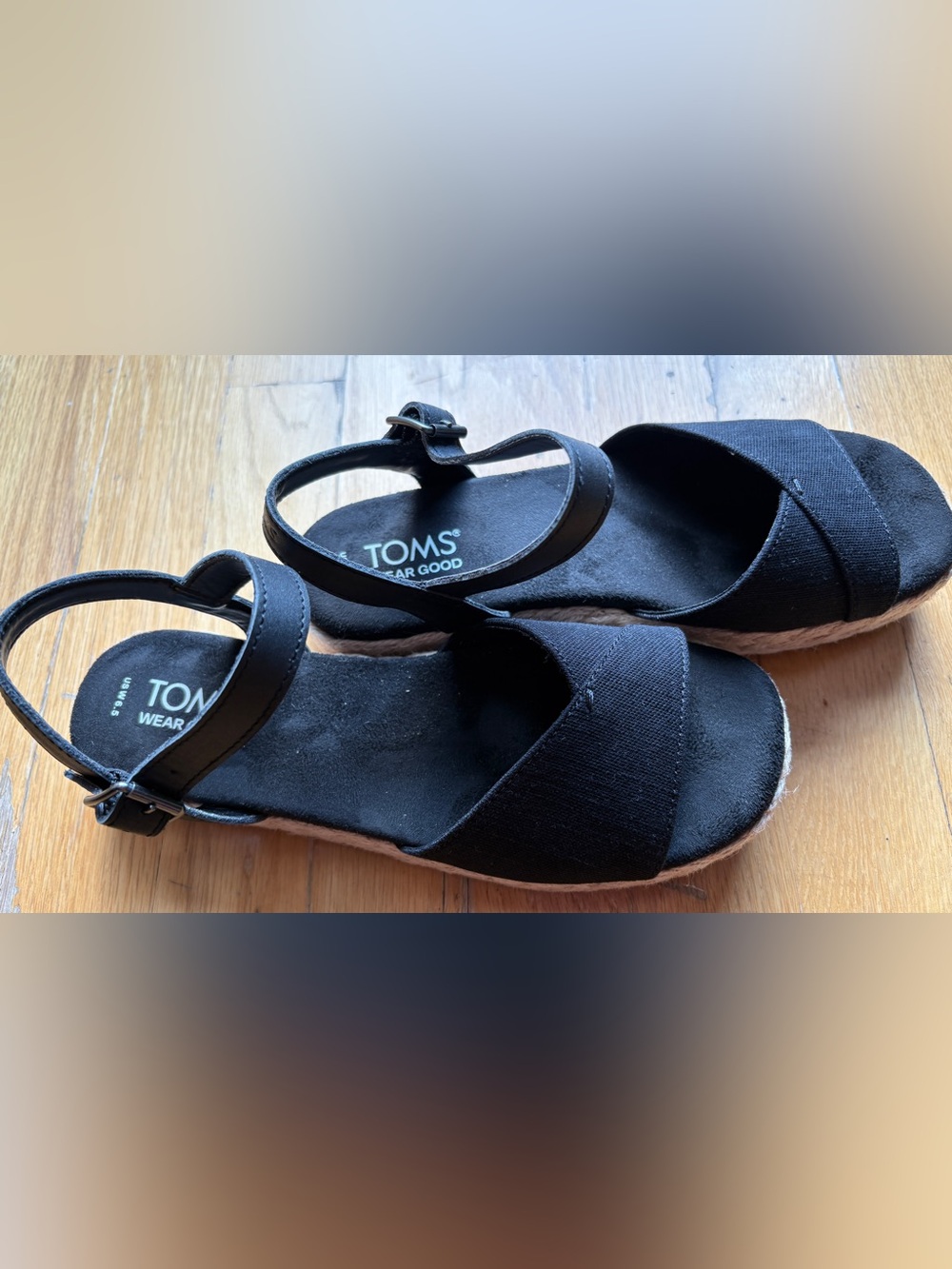 Toms Abby black slubby woven/leather Sandal Sz 6.5 - Picture 3 of 3